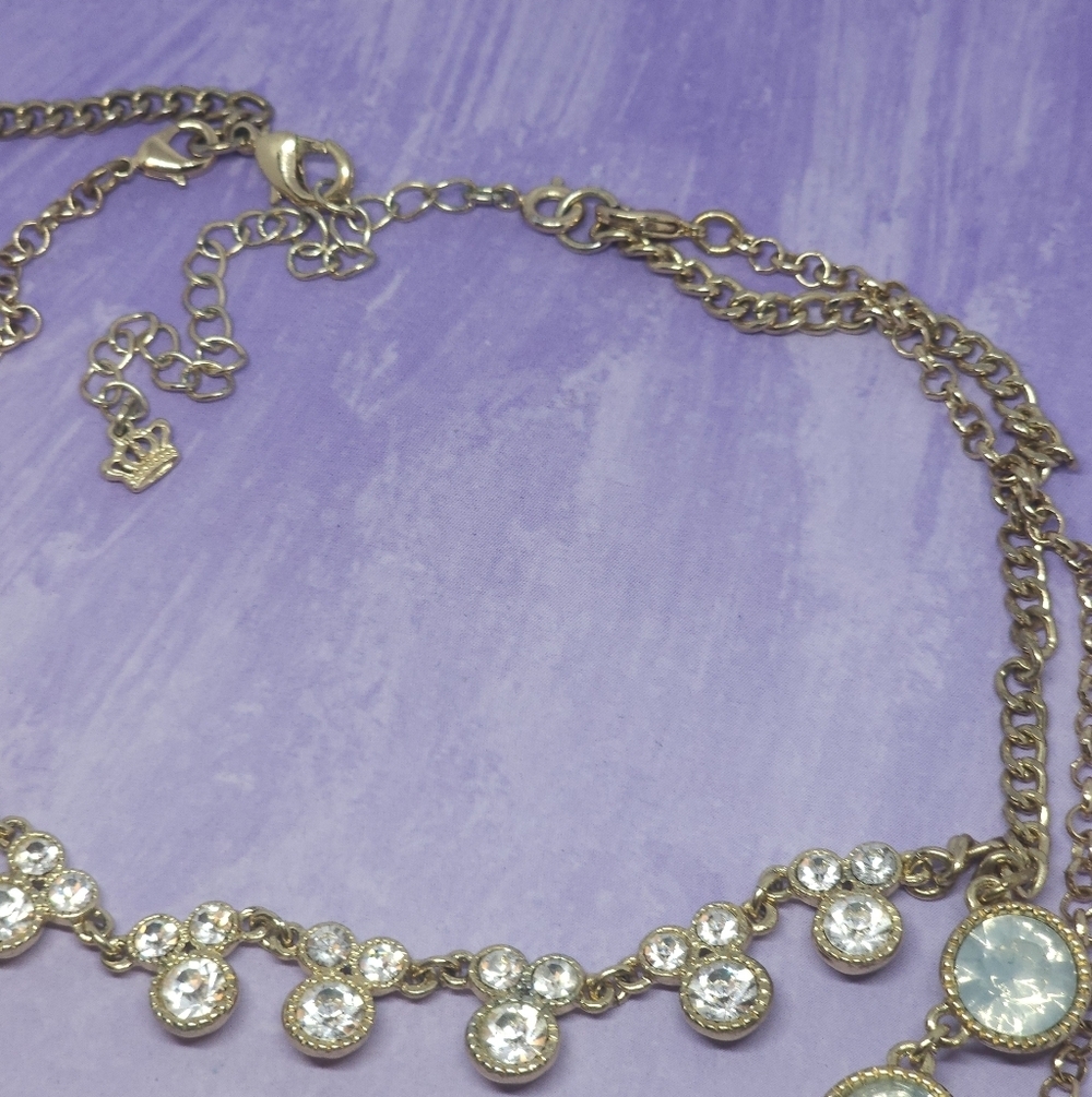 Layered Rhinestone Triple Chain Statement Necklace Gold Tone - Picture 7 of 8